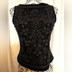 Vintage Laura Petites Black Velvet Floral Sleeveless Top